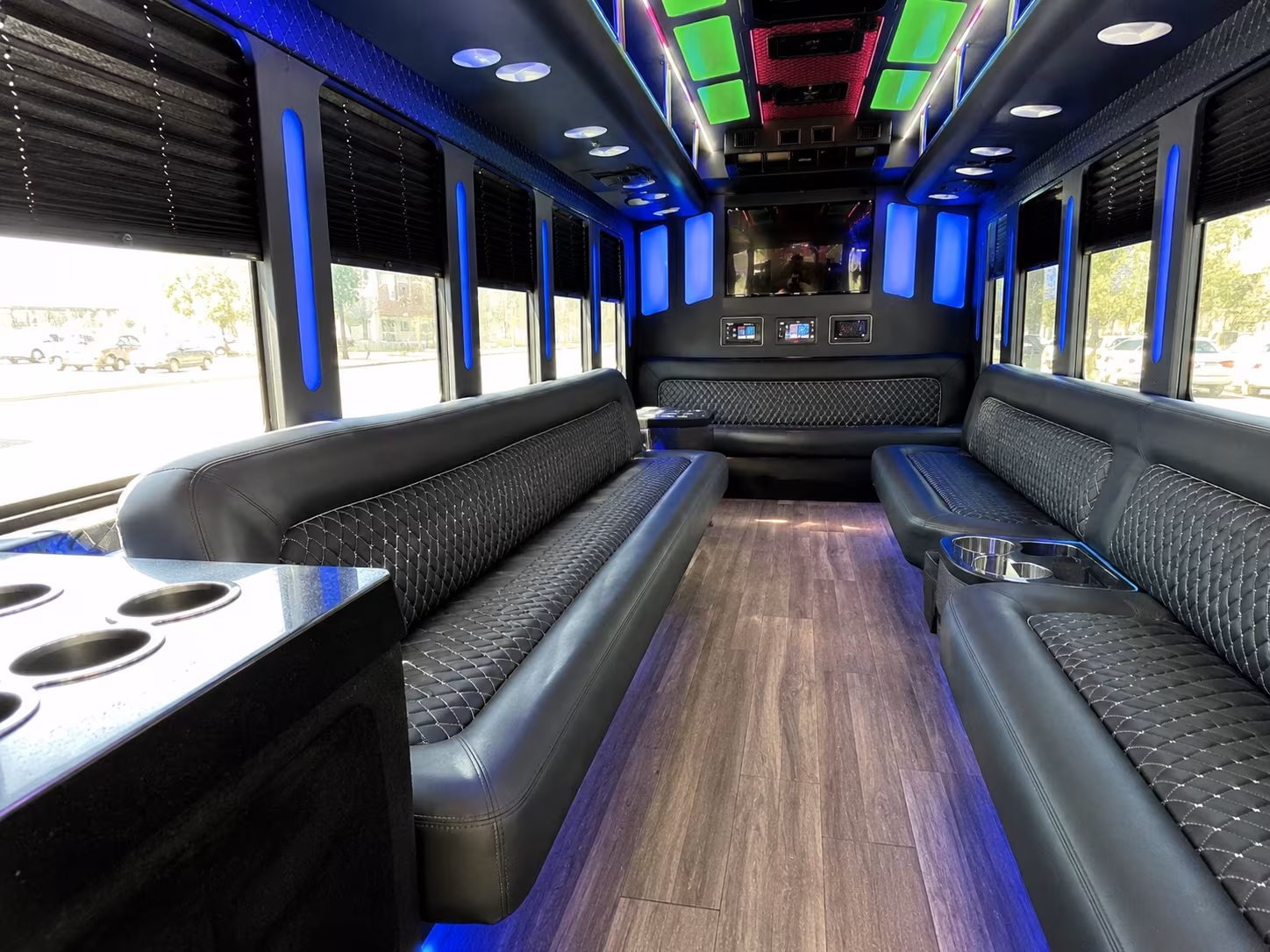 leander 15 passenger party bus inside